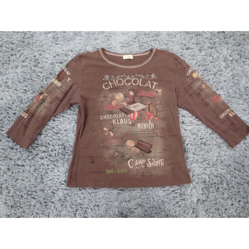 Cactus Shirt Womens Medium Brown 100% Cotton Chocolate Art Print 3/4 Sleeve USA